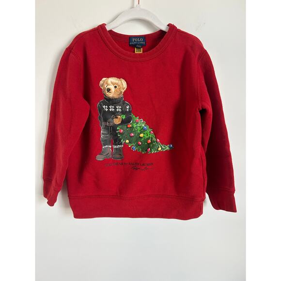 Polo Ralph Lauren Boys Holiday Bear Fleece Sweatshirt Size 5 Red Crewneck - Picture 2 of 6